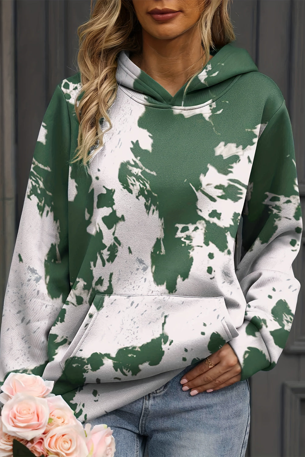 Green Tie Dye Print Kangaroo Pocket Loose Hoodie Sweatshirts & Hoodies JT's Designer Fashion