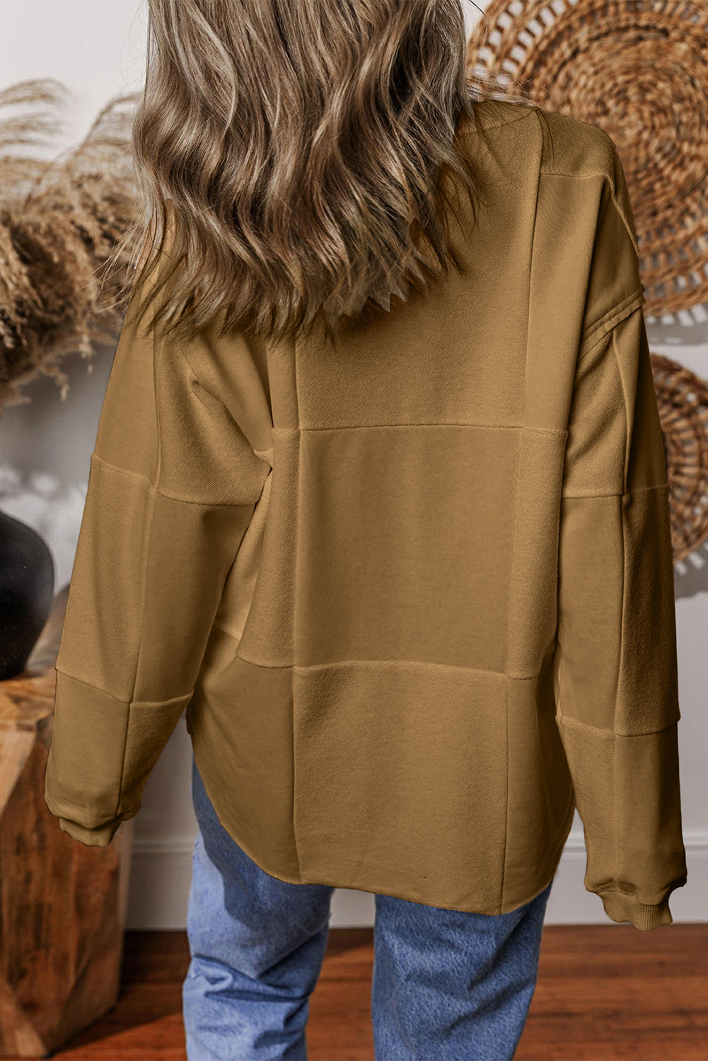 Light French Beige Solid Color Patchwork Drop Shoulder Baggy Sweatshirt Sweatshirts & Hoodies JT's Designer Fashion