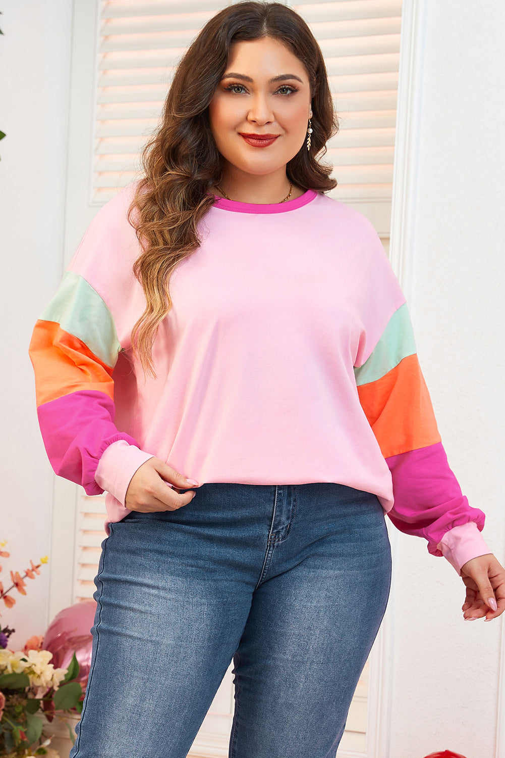 Pink Colorblock Patchwork Long Sleeve Plus Size Top Plus Size Long Sleeve Tops JT's Designer Fashion