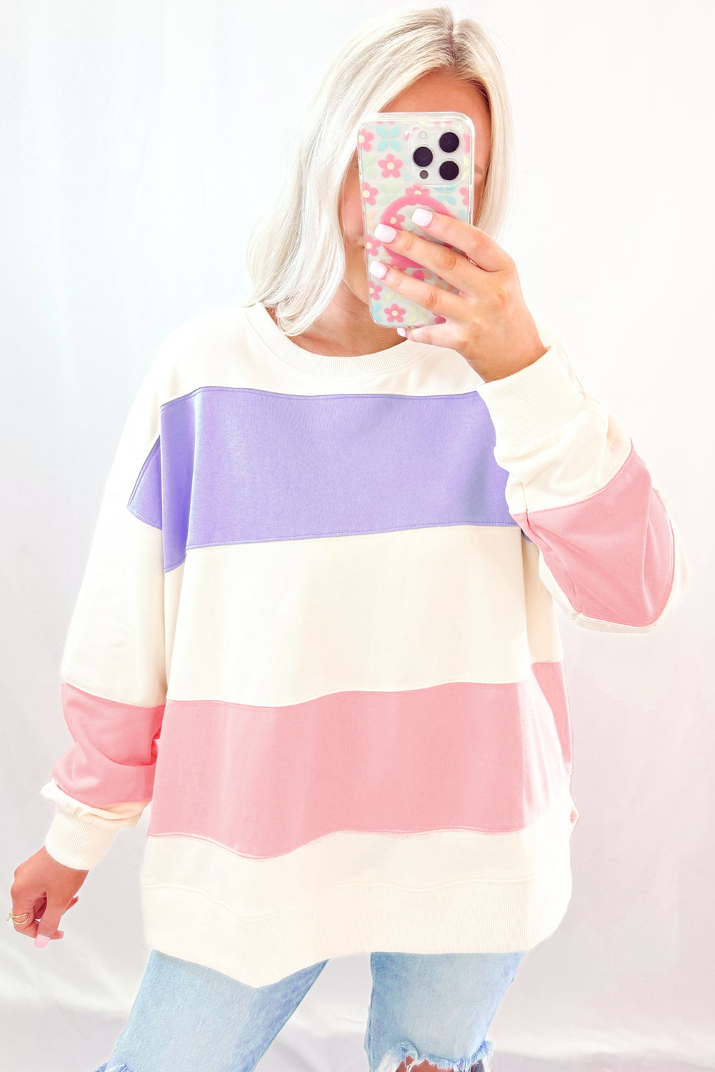 Beige Colorblock Patchwork Drop Shoulder Crewneck Sweatshirt Sweatshirts & Hoodies JT's Designer Fashion