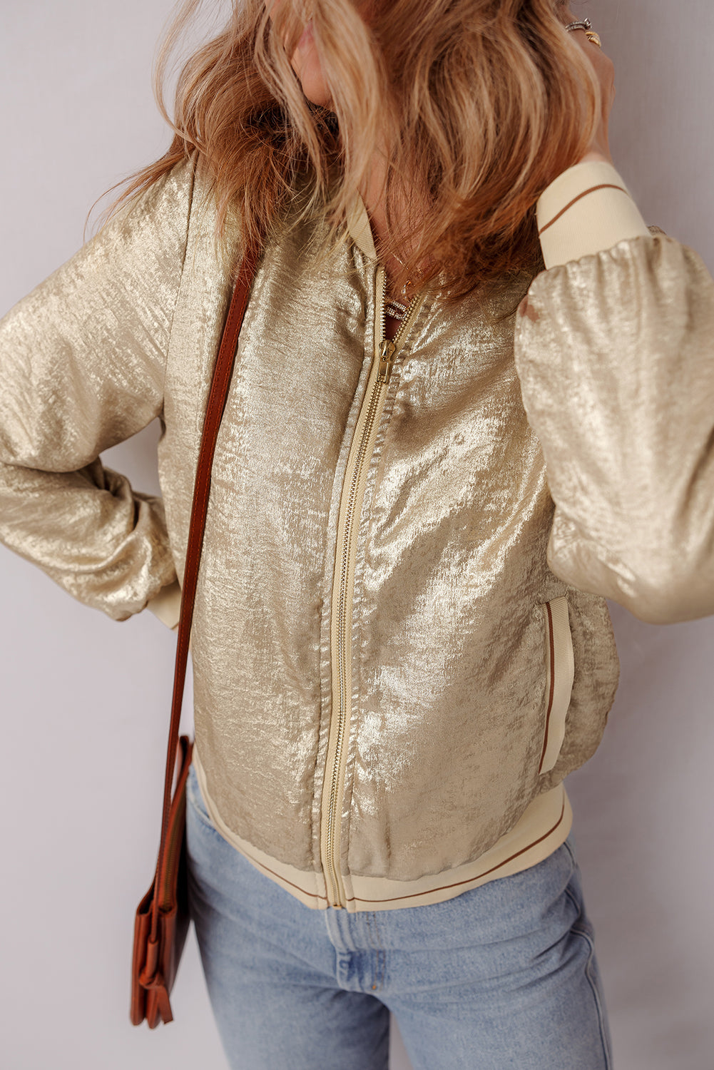 Pale Khaki Metallic Zip up Baseball Jacket Jackets JT's Designer Fashion