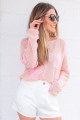 Light Pink Big Flower Hollowed Knit Drop Shoulder Sweater Sweaters & Cardigans JT's Designer Fashion