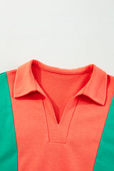 Grapefruit Orange Color Block Patchwork Collared V Neck Loose Top Long Sleeve Tops JT's Designer Fashion