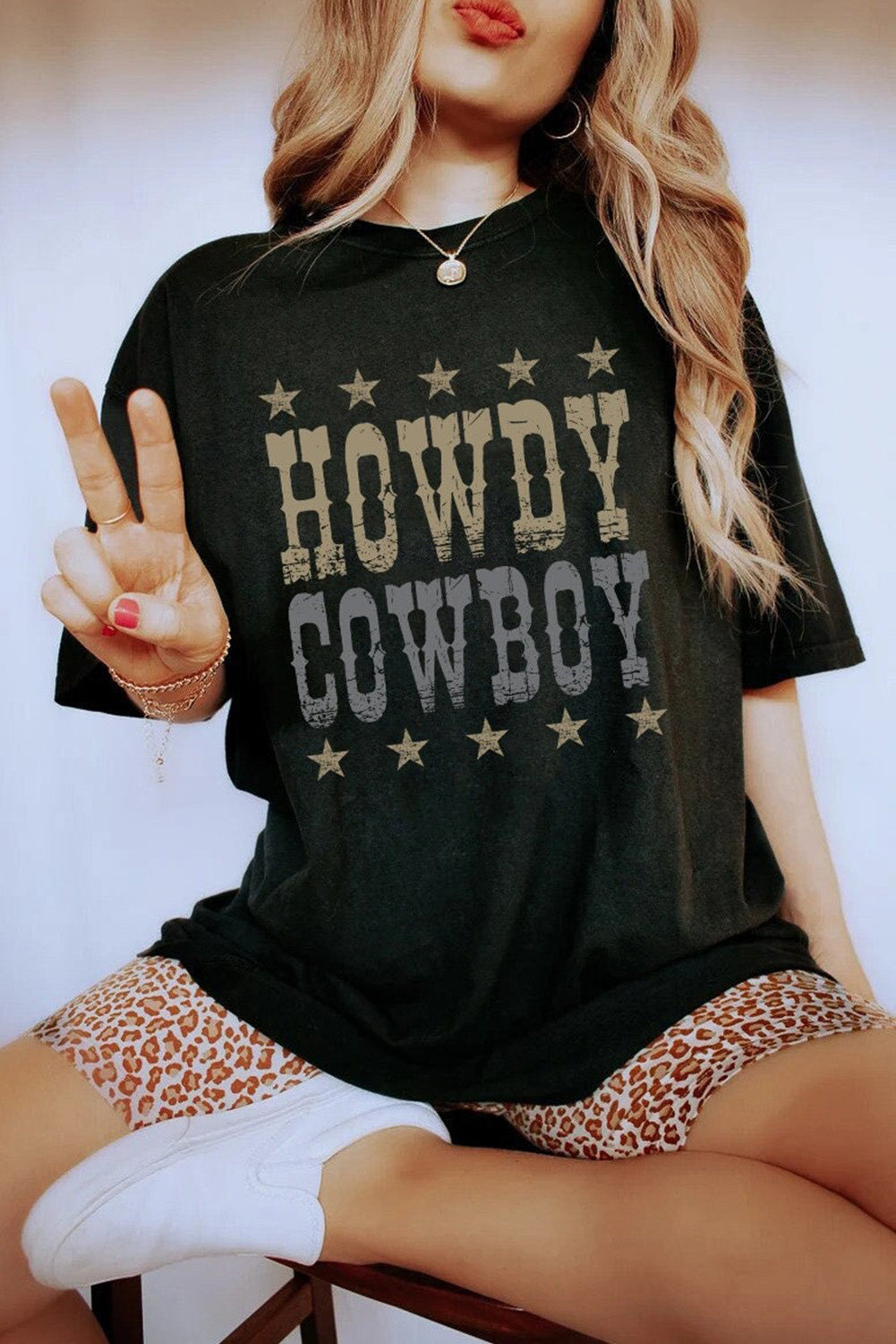 Black HOWDY COWBOY Star Print Crew Neck Loose T Shirt Graphic Tees JT's Designer Fashion
