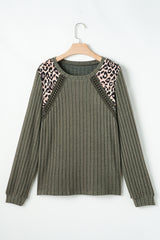 Moss Green Leopard Print Crochet Patchwork Rib Textured Knit Top Long Sleeve Tops JT's Designer Fashion