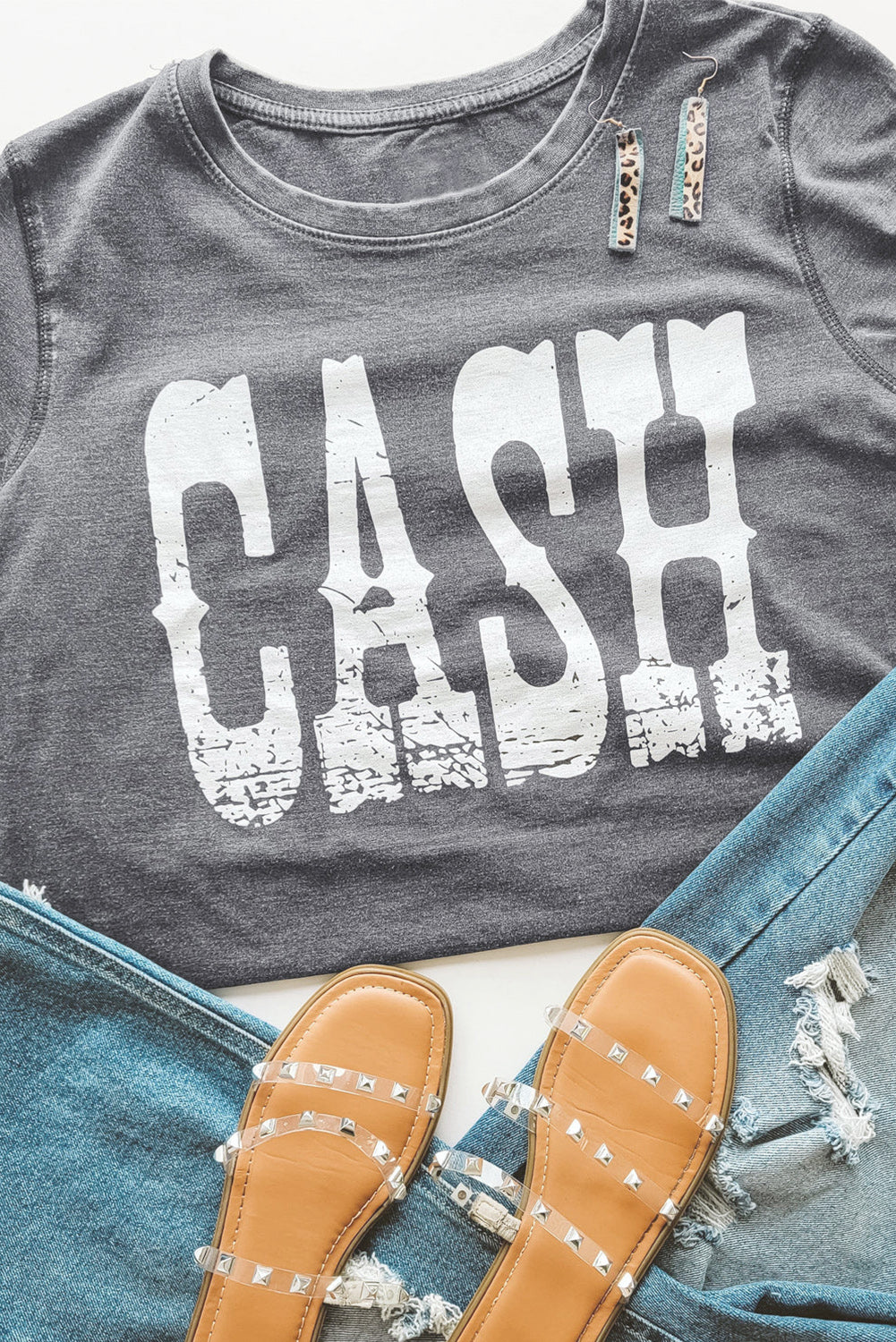Gray CASH Letter Print T Shirt Gray 95%Polyester+5%Elastane Graphic Tees JT's Designer Fashion