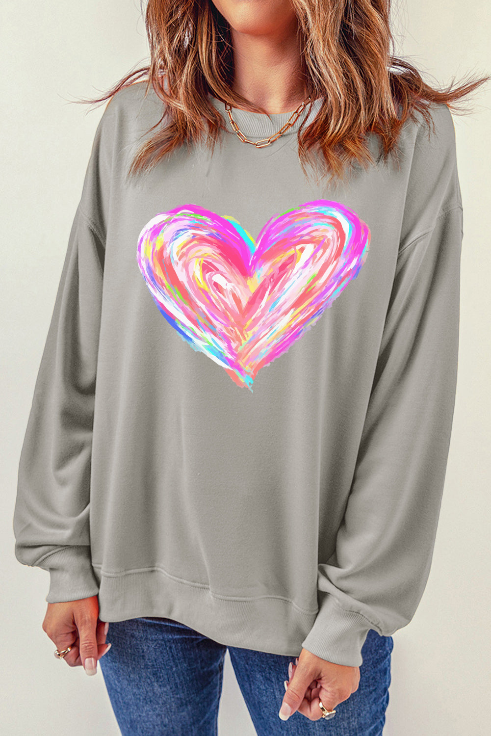 Gray Valentines Brushwork Heart Graphic Drop Shoulder Sweatshirt Graphic Sweatshirts JT's Designer Fashion