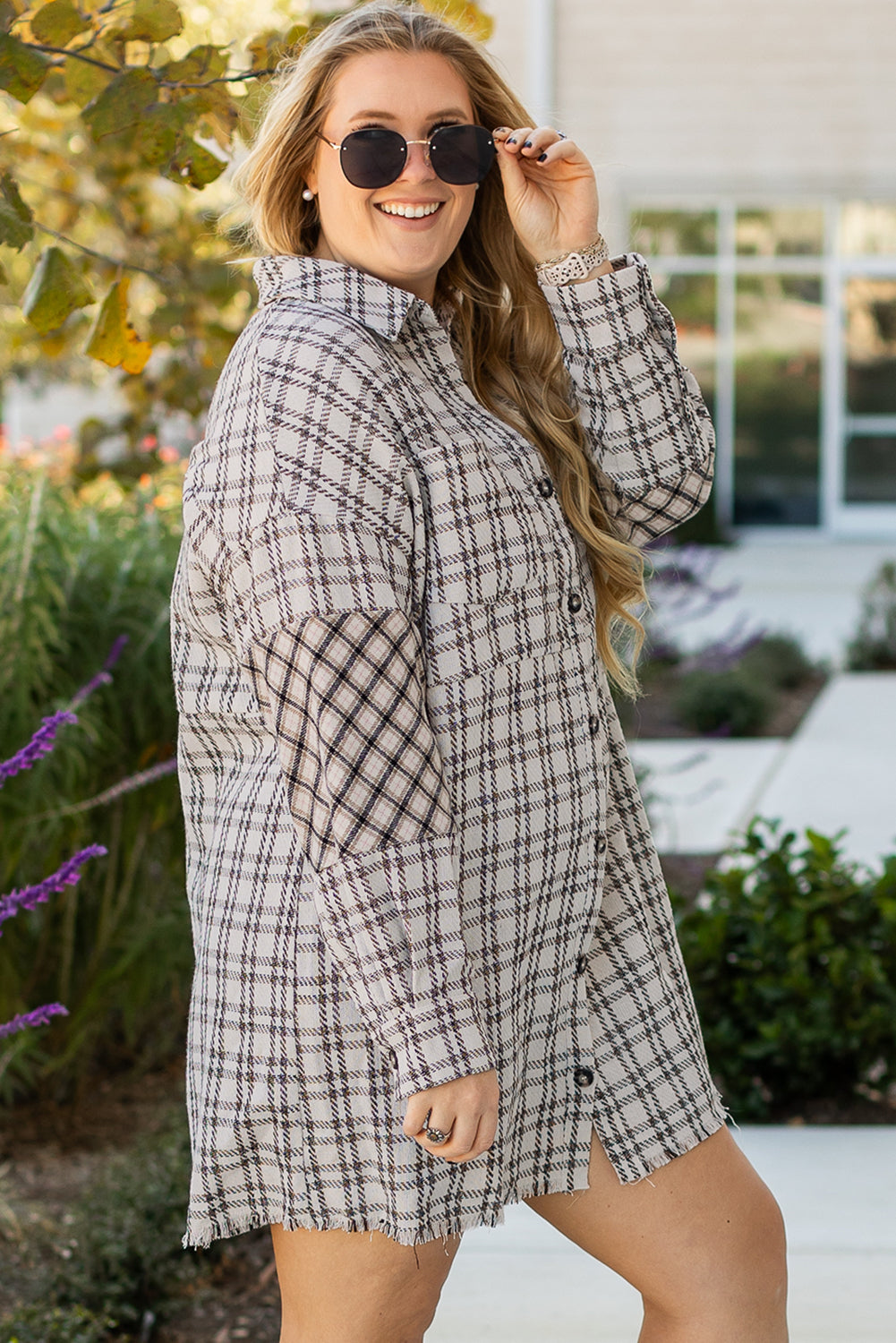 White Stripe Plus Size Plaid Buttoned Raw Hem Tunic Shirt Dress Plus Size Midi Dresses JT's Designer Fashion