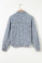 Sky Blue Bow Knot Print Light Wash Raw Hem Denim Jacket Denim Jackets JT's Designer Fashion