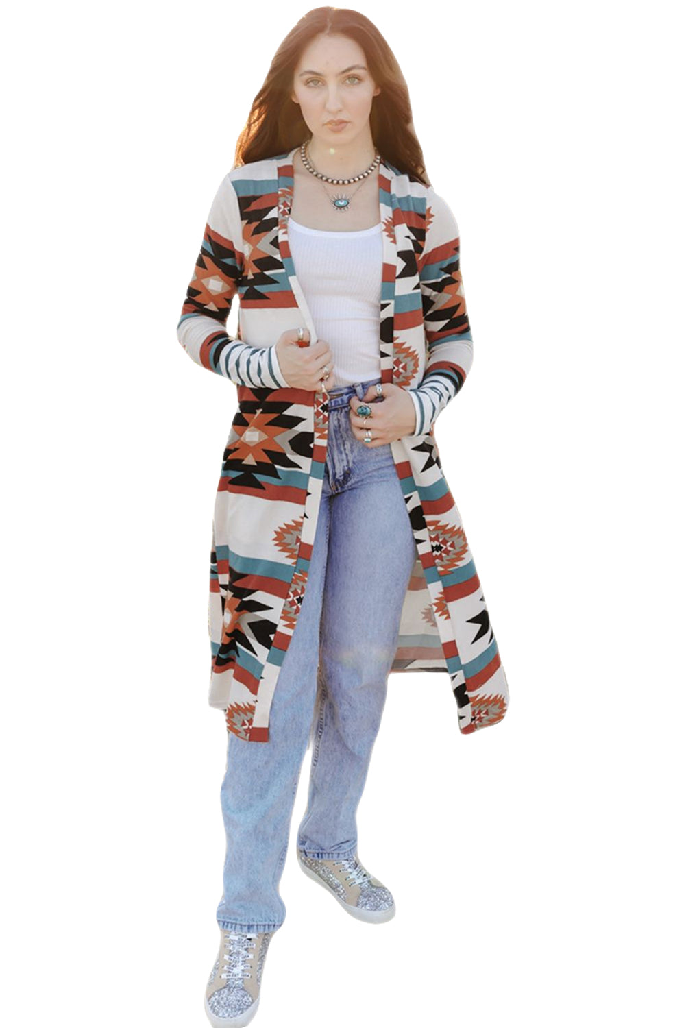 Multicolor Geometric Color Block Open Front Long Cardigan Sweaters & Cardigans JT's Designer Fashion