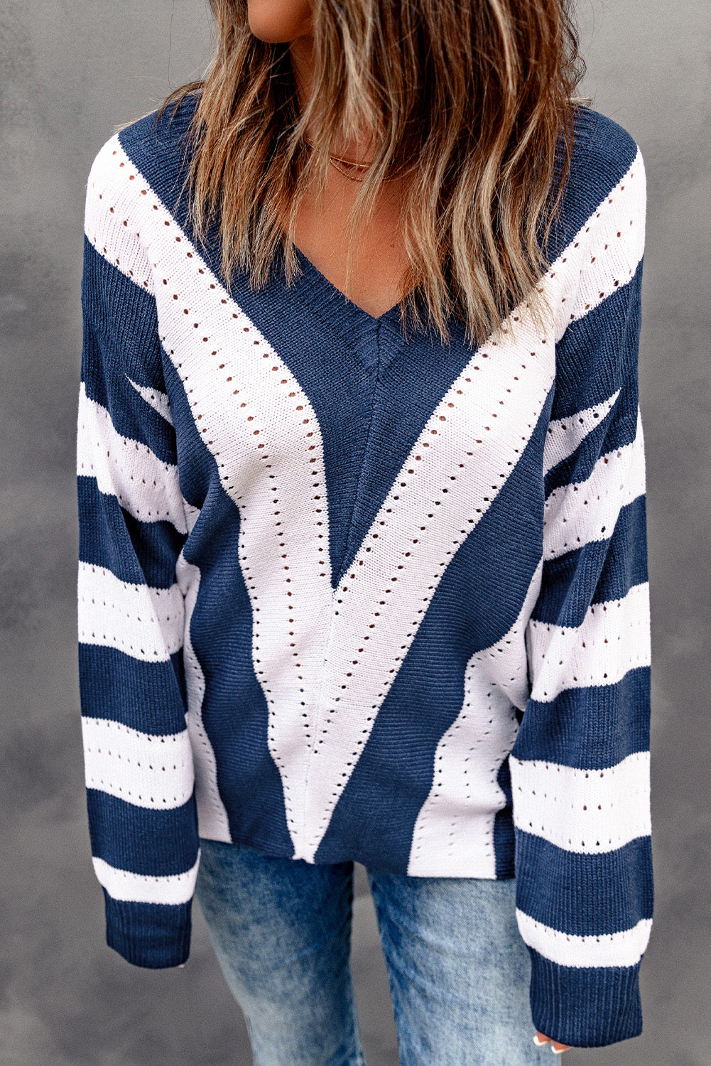 Blue Striped Colorblock V Neck Knitted Sweater Sweaters & Cardigans JT's Designer Fashion