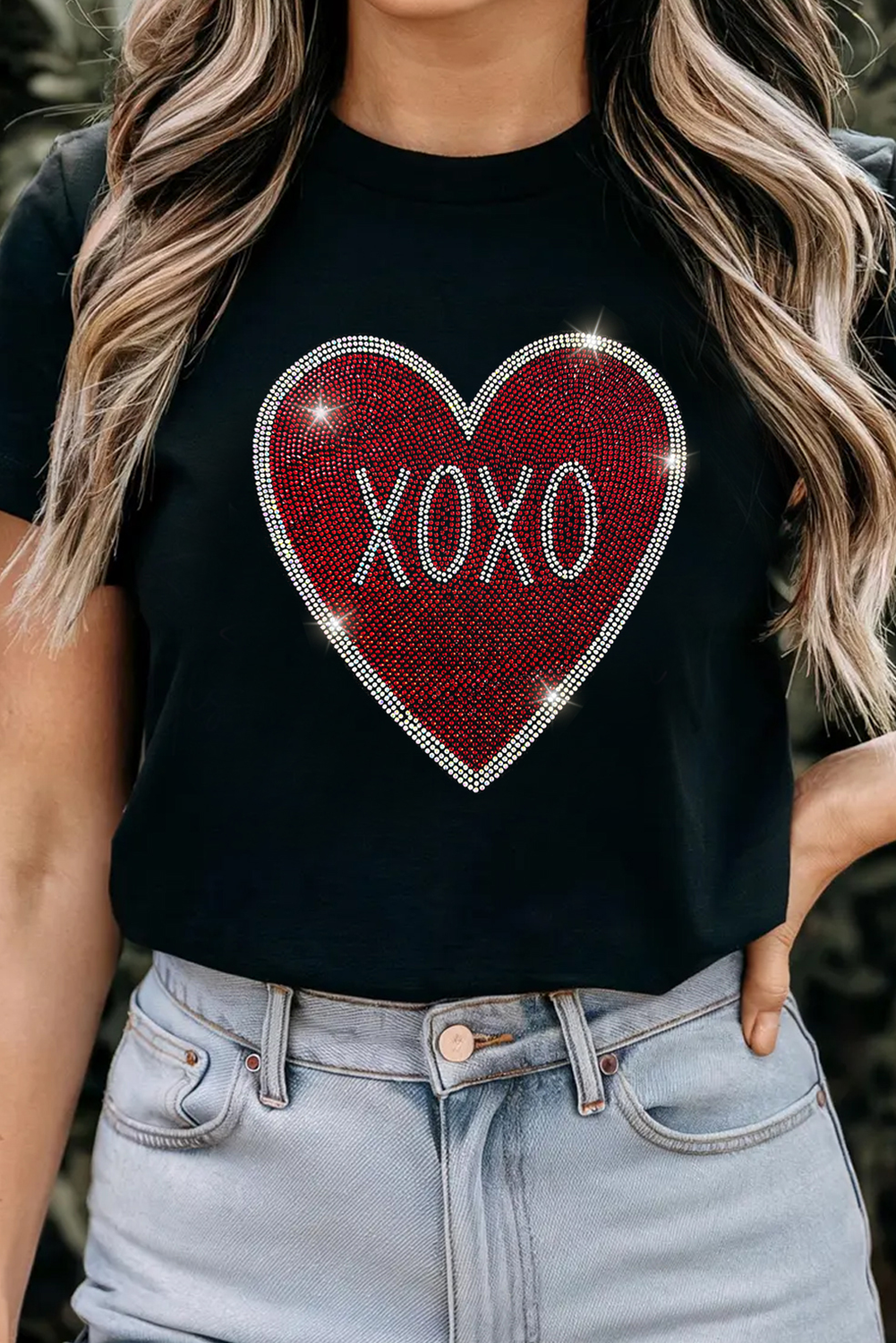 Black Rhinestone XOXO Heart Graphic Crewneck Tee Graphic Tees JT's Designer Fashion