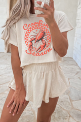 Beige Crawfish Season Print T Shirt and High Waist Ruffle Skorts Set Beige 75%Polyester+20%Cotton+5%Elastane Graphic Sets JT's Designer Fashion
