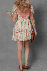 White Vibrant Floral Bubble Sleeve Sweetheart Neck Ruffle Mini Dress Floral Dresses JT's Designer Fashion