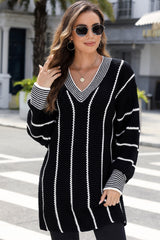 Black Colorblock Striped V Neck Knitted Loose Sweater Sweaters JT's Designer Fashion