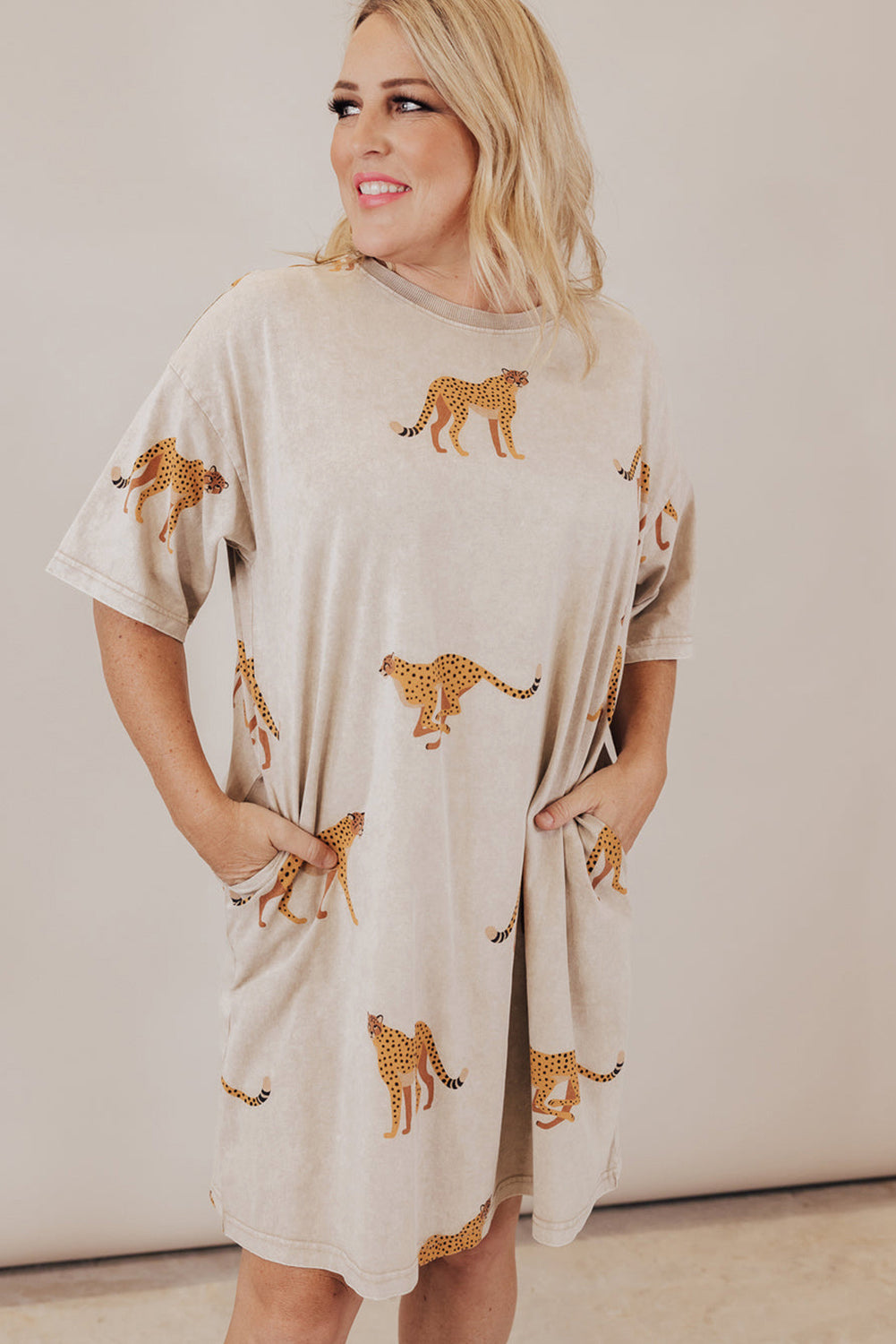 Apricot Plus Size Cheetah Print Side Pockets T Shirt Mini Dress Plus Size Mini Dresses JT's Designer Fashion