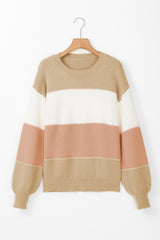 Dusty Pink Color Block Lantern Sleeve Drop Shoulder Sweater Sweaters JT's Designer Fashion