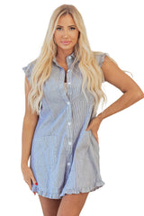 Blue Stripe Frilled Sleeveless Collar Front Pocket Button Up Mini Dress Mini Dresses JT's Designer Fashion