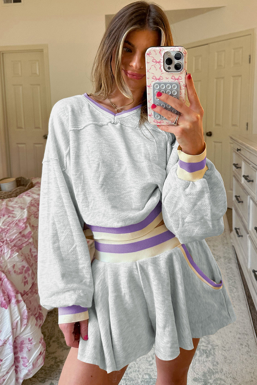 Light Grey Contrast Striped Bands Cropped Pullover and Athletic Short Set Short Sets JT's Designer Fashion