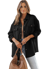 Black Solid Textured Flap Pocket Buttoned Shacket Jackets JT's Designer Fashion