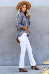 Blue Striped V Neck Pocket Long Sleeve Top Long Sleeve Tops JT's Designer Fashion