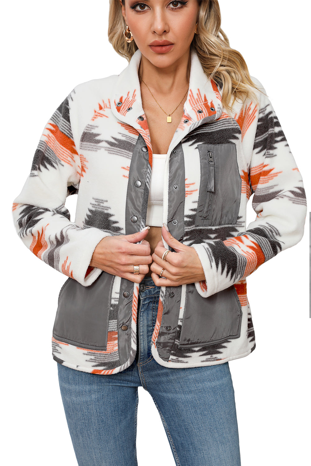 Multicolour Aztec Fleece Patchwork Snap Button Jacket Jackets JT's Designer Fashion