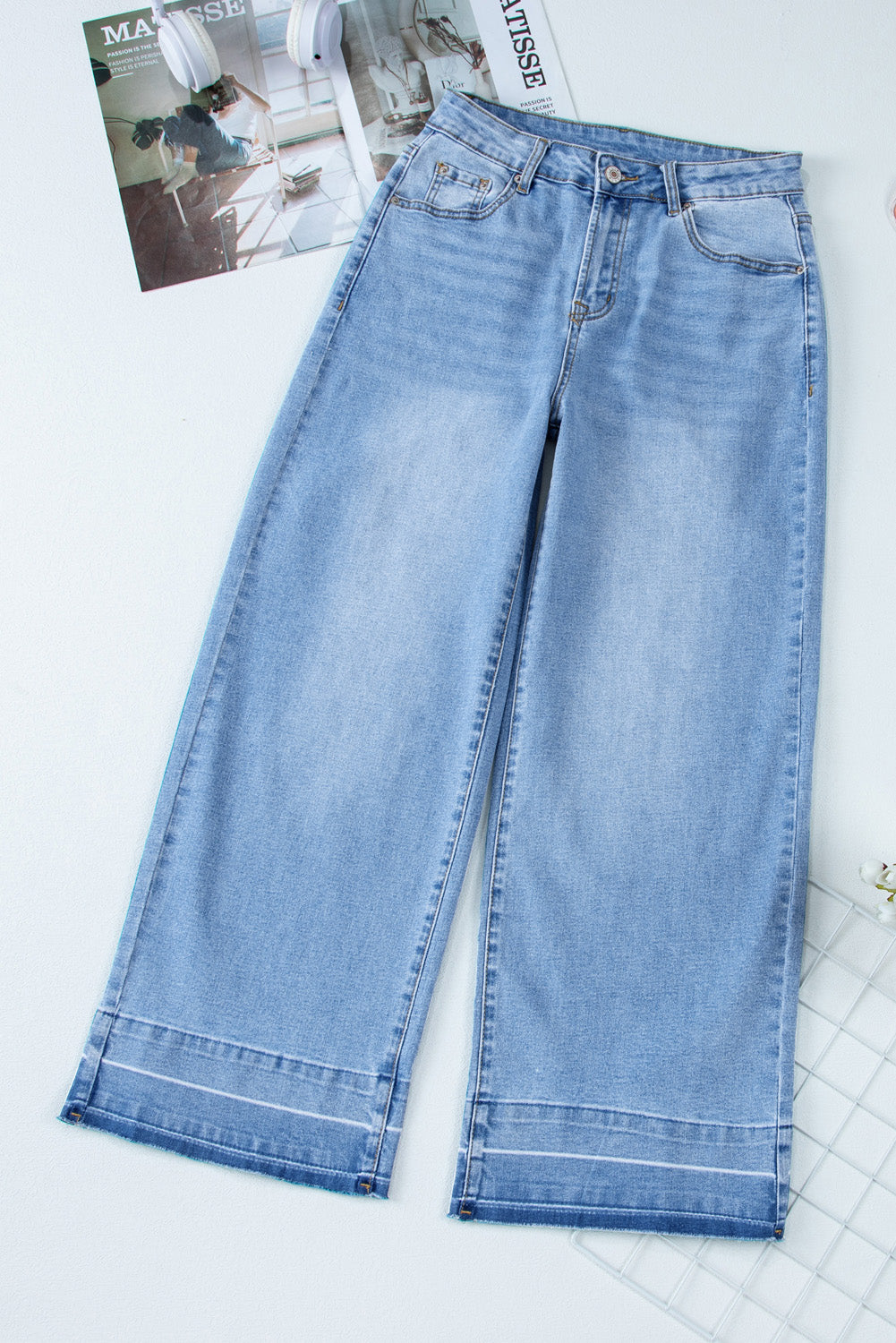 Dusk Blue Raw Hem Straight Leg Loose High Waist Jeans Jeans JT's Designer Fashion