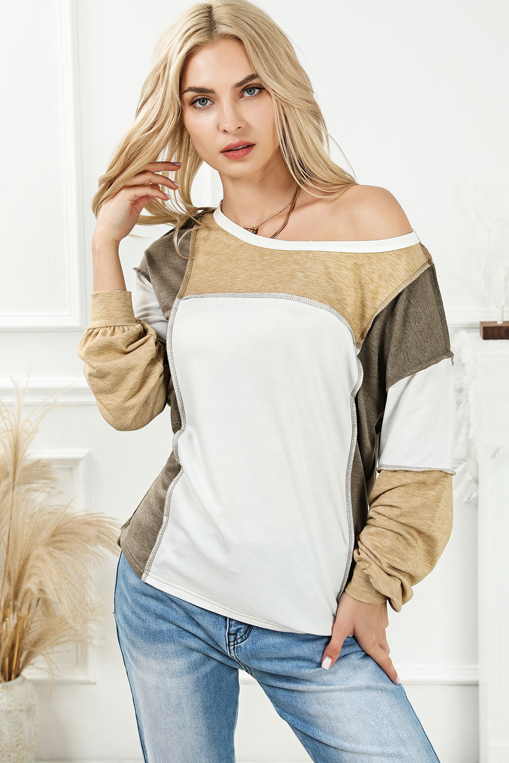 Khaki Exposed Seam Color Block Patchwork Top Long Sleeve Tops JT's Designer Fashion