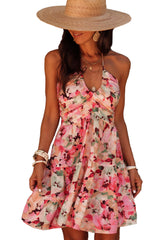 Pink Floral Sleeveless Halter Neck Shirred Back Ruffled Mini Dress Floral Dresses JT's Designer Fashion