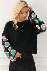 Black Floral Crochet Bell Sleeve Loose Sweater Sweaters JT's Designer Fashion