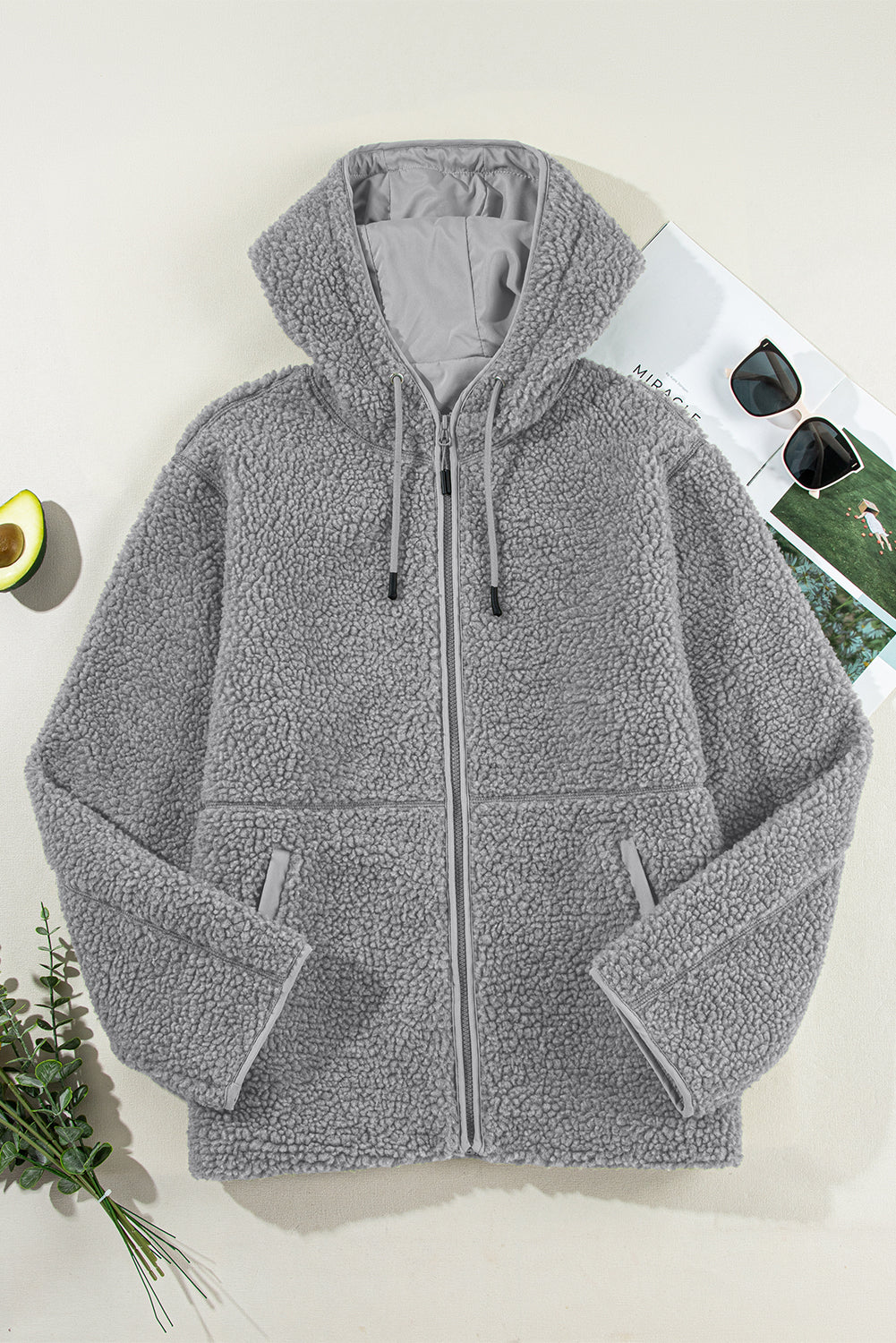 Medium Grey Fleece Zip Up Drawstring Hooded Pocketed Jacket Jackets JT's Designer Fashion