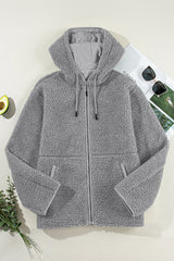 Medium Grey Fleece Zip Up Drawstring Hooded Pocketed Jacket Jackets JT's Designer Fashion