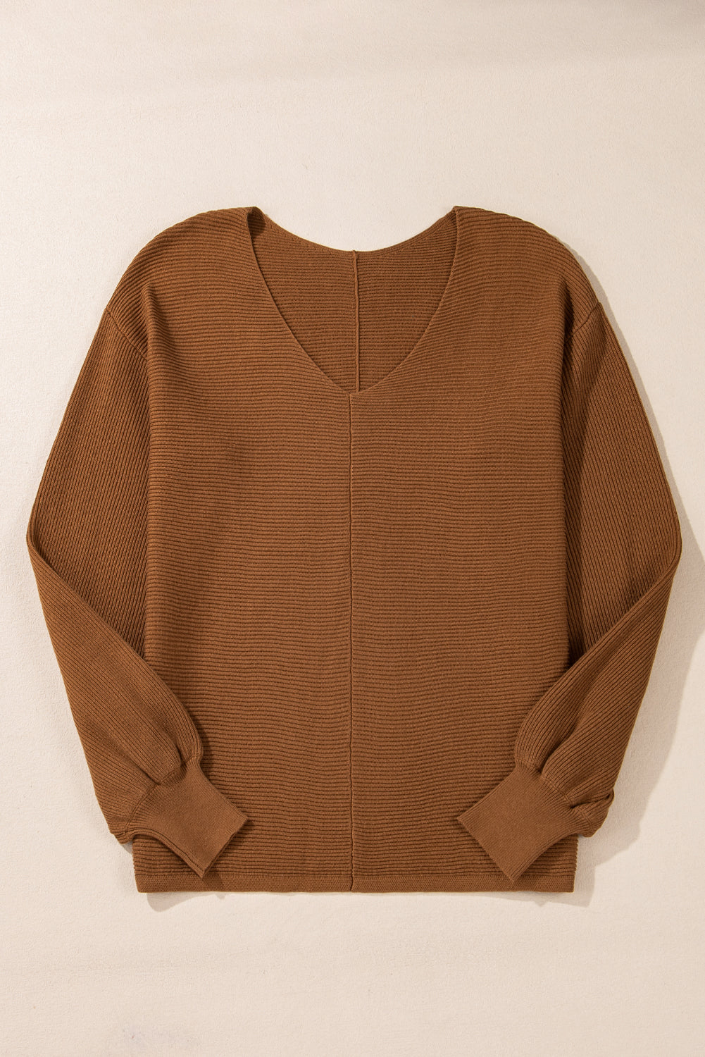 Camel Ribbed Knit Drop Sleeve V Neck Loose Fit Sweater Sweaters JT's Designer Fashion