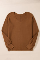 Camel Ribbed Knit Drop Sleeve V Neck Loose Fit Sweater Sweaters JT's Designer Fashion