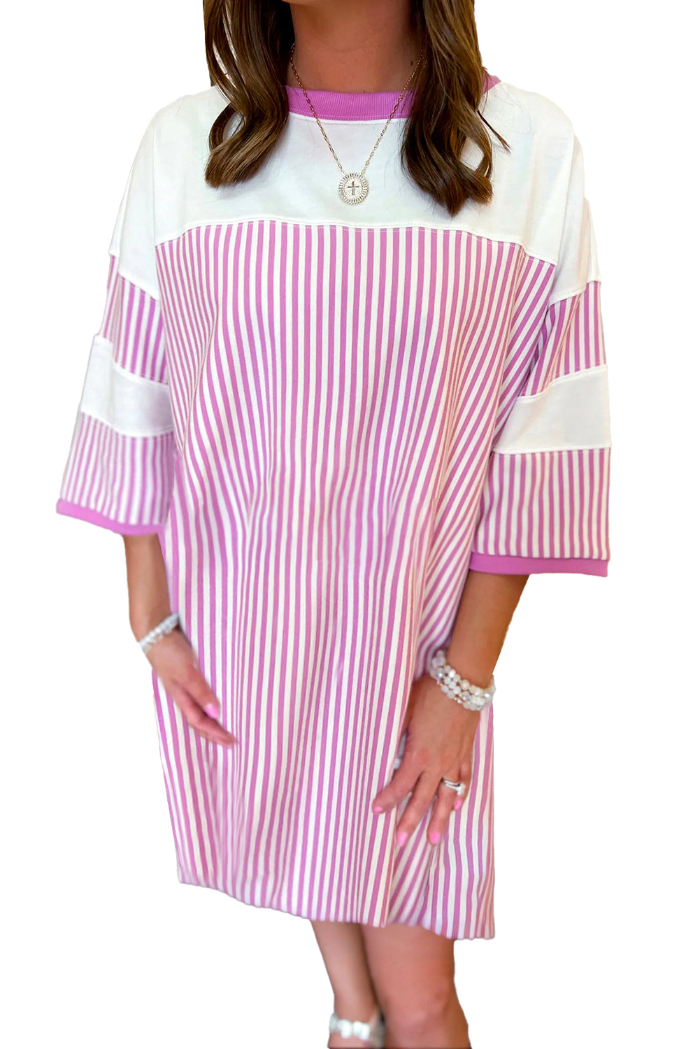 Phalaenopsis Striped Patchwork Three Quarters Sleeve Loose Mini Dress Mini Dresses JT's Designer Fashion