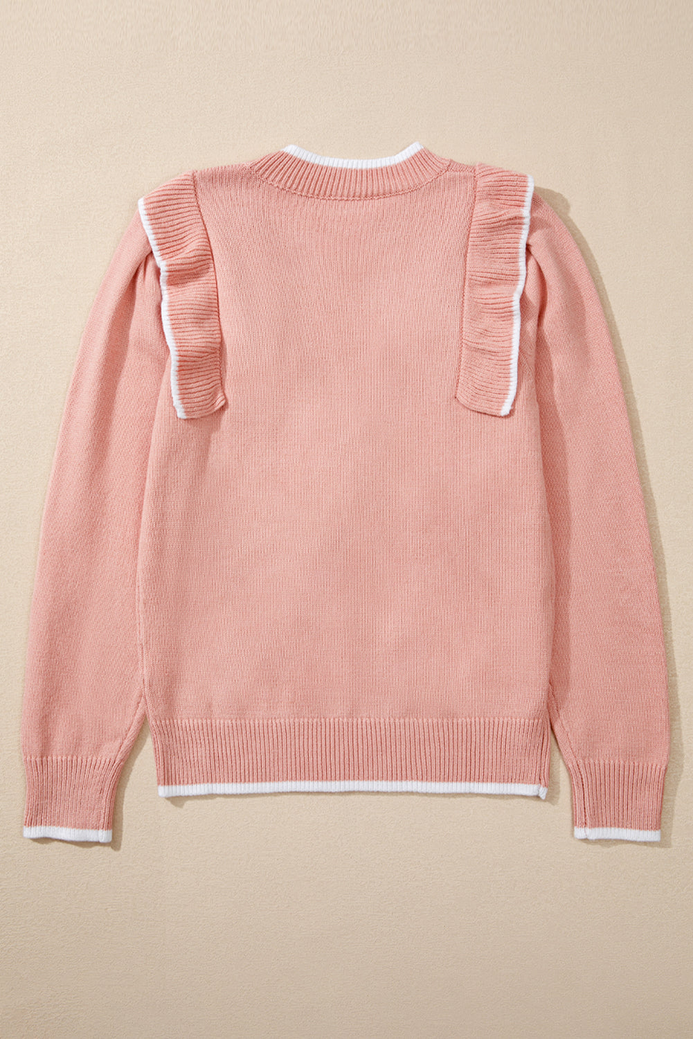 Light Pink Ruffled Bowknot Ribbed Trim Long Sleeve Sweater Sweaters JT's Designer Fashion