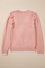 Light Pink Ruffled Bowknot Ribbed Trim Long Sleeve Sweater Sweaters JT's Designer Fashion