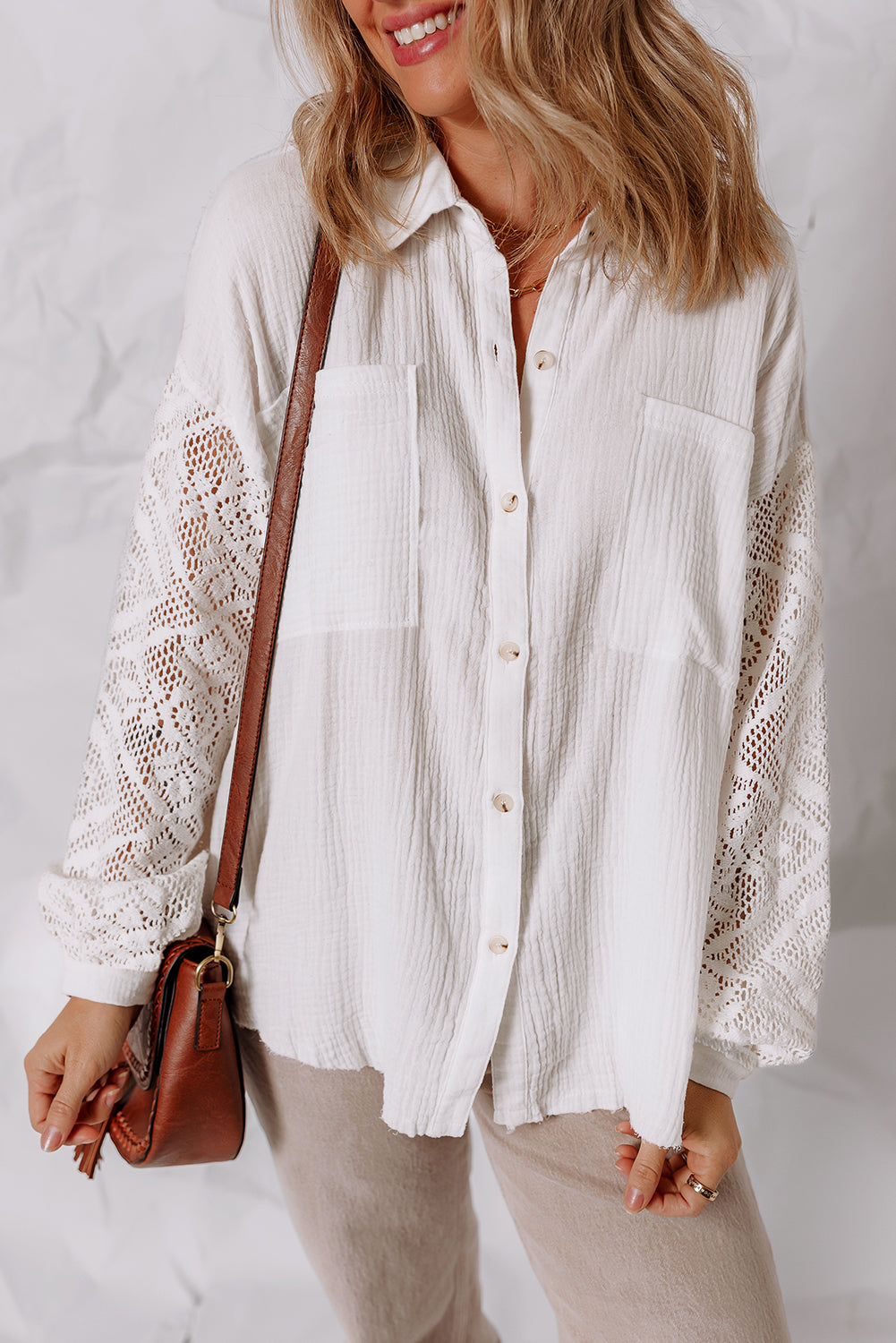 White Cotton Gauze Lace Patchwork Long Sleeve Shirt Blouses & Shirts JT's Designer Fashion