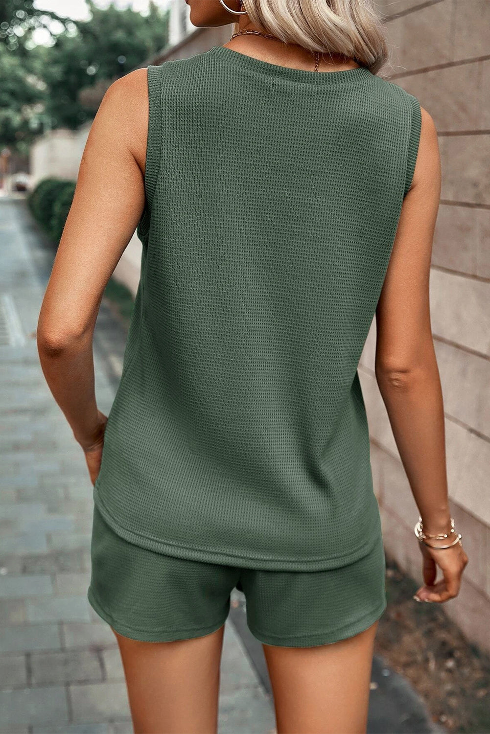 Mist Green Waffle Knit Patched Pocket Tank and Drawstring Shorts Set Short Sets JT's Designer Fashion