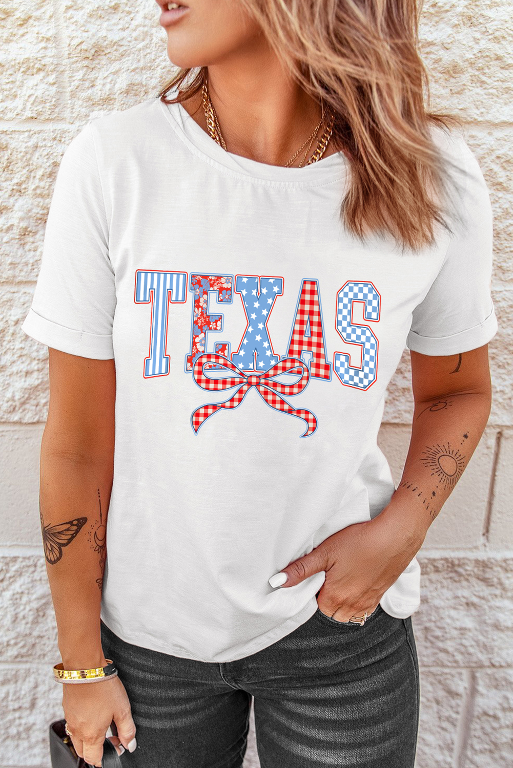 White Independence Day TEXAS Bow Printed T Shirt Graphic Tees JT's Designer Fashion