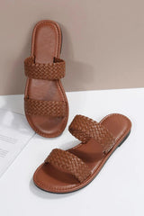 Chestnut Braided Double Band Leathered Flat Slippers Slippers JT's Designer Fashion