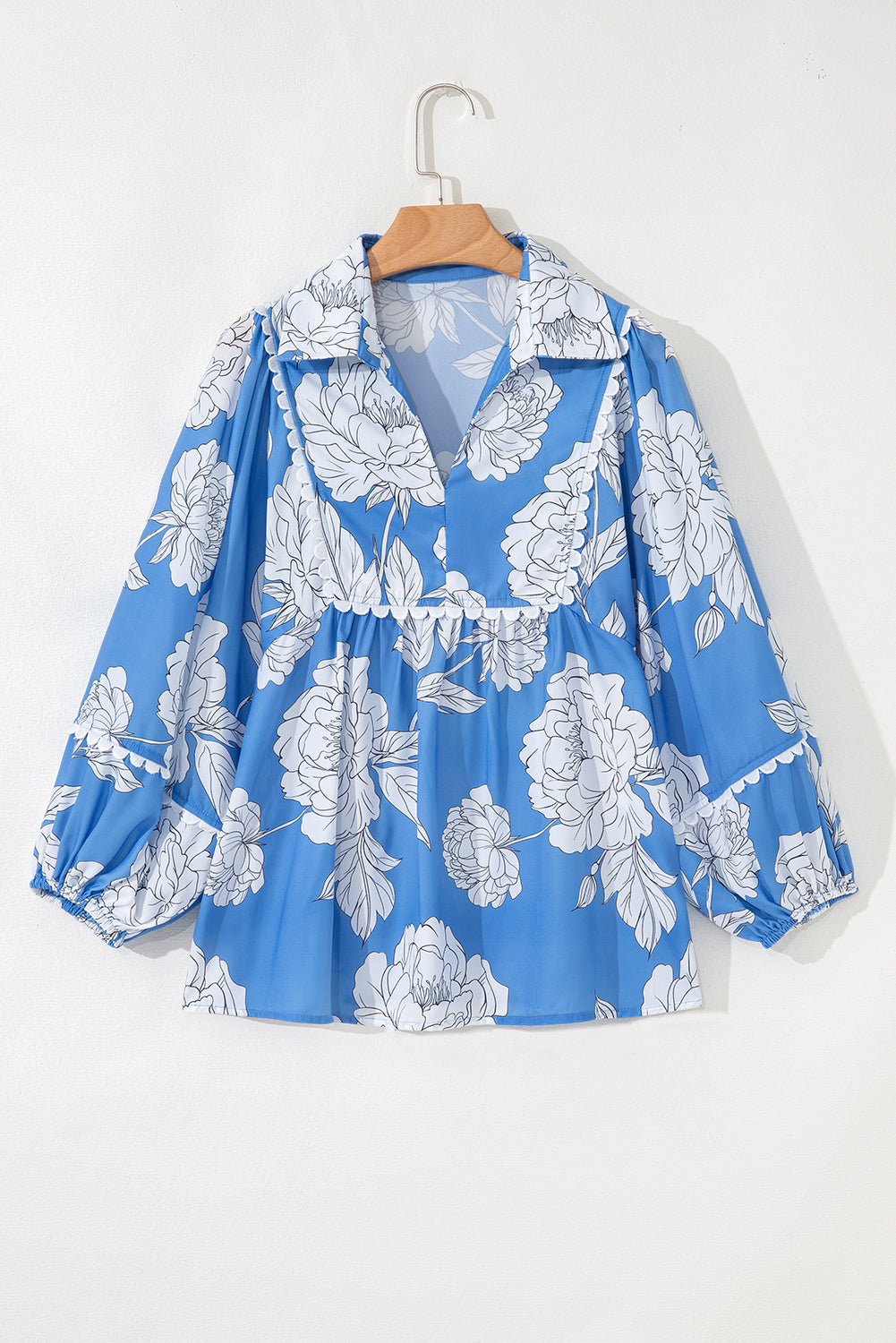 Sky Blue Floral Ricrac Trim Collared Puff Sleeve Loose Blouse Blouses & Shirts JT's Designer Fashion