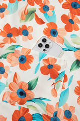 Orange Contrast Trim Floral Split Neck Puff Short Sleeve Tiered Mini Dress Floral Dresses JT's Designer Fashion