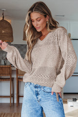 Brown Eyelet Pattern Detail V Neck Drop Shoulder Sweater Sweaters JT's Designer Fashion