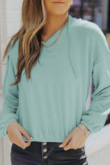 Green Loose Fit Ribbed V Neck Hoodie Sweatshirts & Hoodies JT's Designer Fashion