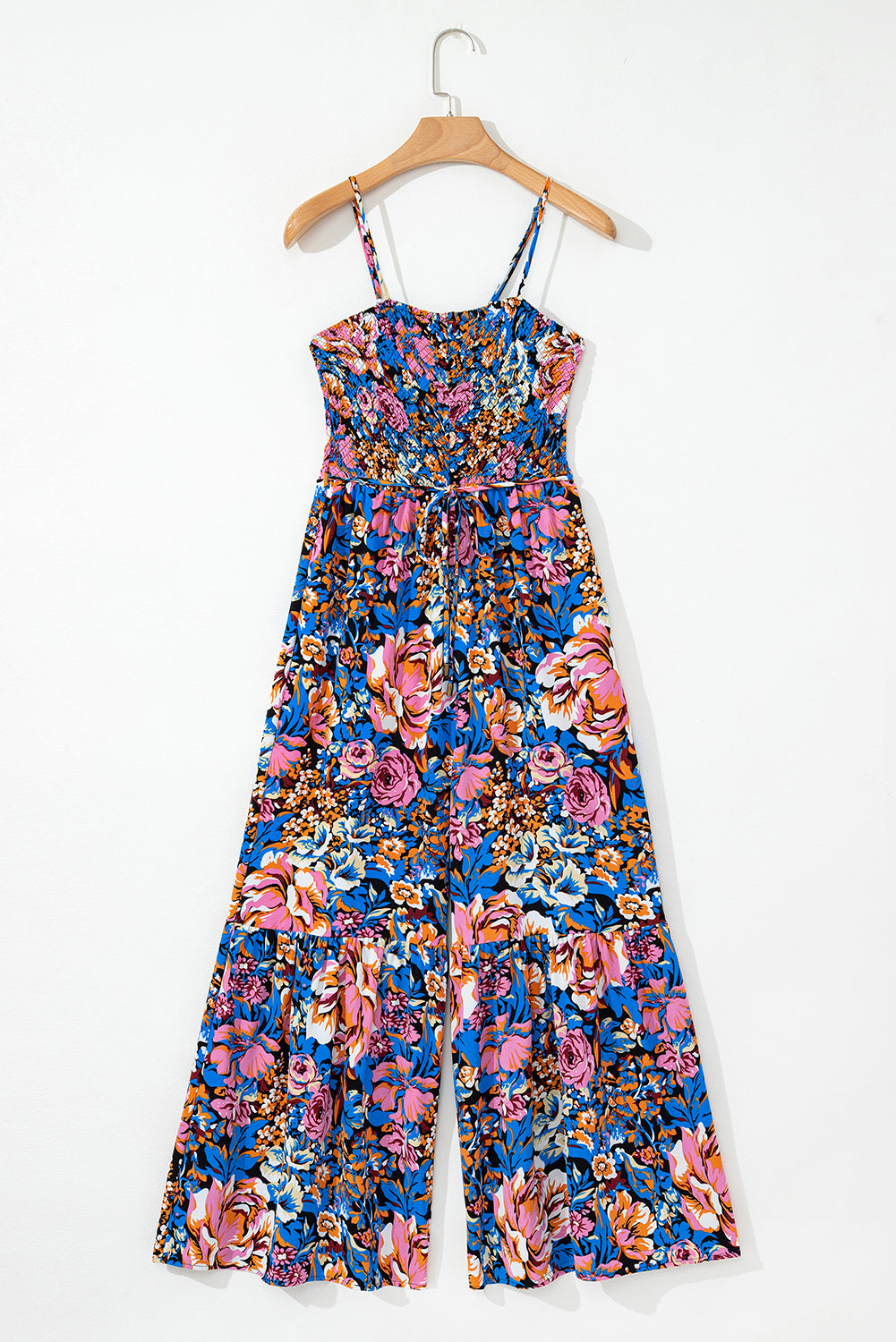 Pink Floral Smocked Bust Spaghetti Straps Wide Leg Jumpsuit Jumpsuits & Rompers JT's Designer Fashion