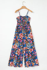 Pink Floral Smocked Bust Spaghetti Straps Wide Leg Jumpsuit Jumpsuits & Rompers JT's Designer Fashion