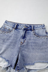 Beau Blue Pearl Studded Pockets Raw Hem Denim Shorts Denim Shorts JT's Designer Fashion