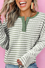 Green Stripe Textured Frilly Trim Buttons Henley Long Sleeve Top Long Sleeve Tops JT's Designer Fashion