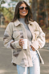 Khaki Western Aztec Print Sherpa Splicing Buttoned Flap Pocket Coat Jackets JT's Designer Fashion